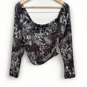 Open Edit Long Sleeve Cropped Top Brown Abstract Off Shoulder Ruched Boho Sz XS